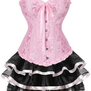 Y2K Fairycore Pink Brocade Corset Top Lace Trim Bustier Coquette Cottagecore